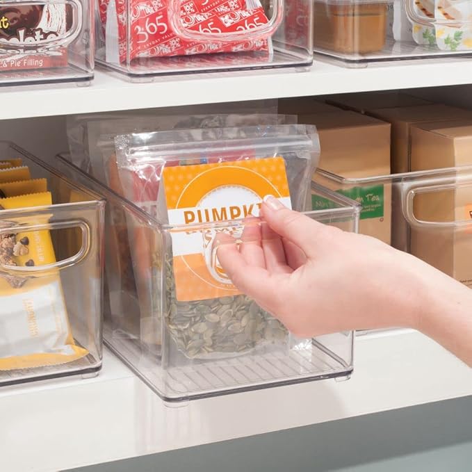 mDesign Plastic Stackable Kitchen Organizer - Storage Bin with Handles for Refrigerator, Freezer, Cabinet, and Pantry Shelves Organization - Food Container - Clear (Pack of 3)