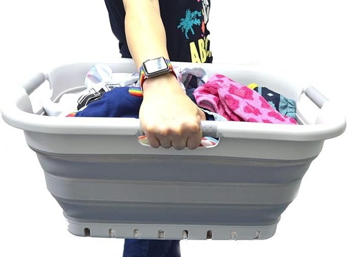 SAMMART 41L (10.8 gallon) Collapsible Plastic Laundry Basket - Foldable Pop Up Storage Container/Organizer - Portable Washing Tub - Space Saving Hamper/Basket (3 handled rectangular, Grey/Grey)