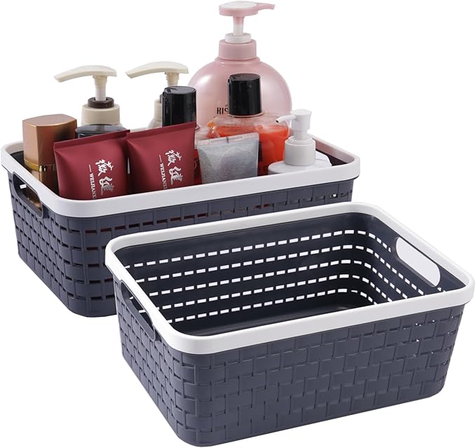 Plastic Storage Bin Baskets, Toilet Paper Basket for Bathroom, Plastic Organizer Shower Caddy with Handles for Living Room (Dark Grey 2 Pack)