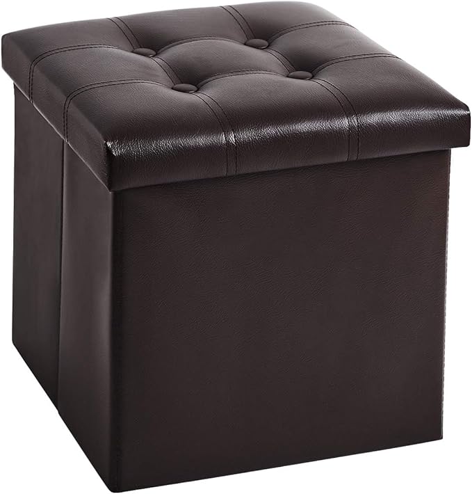 YOUDENOVA 15 inches Folding Storage Ottoman, Cube Storage Boxes Footrest, Small Ottomans with Foam Padded Seat, Support 300lbs (Brown, Leather)