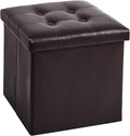 YOUDENOVA 15 inches Folding Storage Ottoman, Cube Storage Boxes Footrest, Small Ottomans with Foam Padded Seat, Support 300lbs (Brown, Leather)
