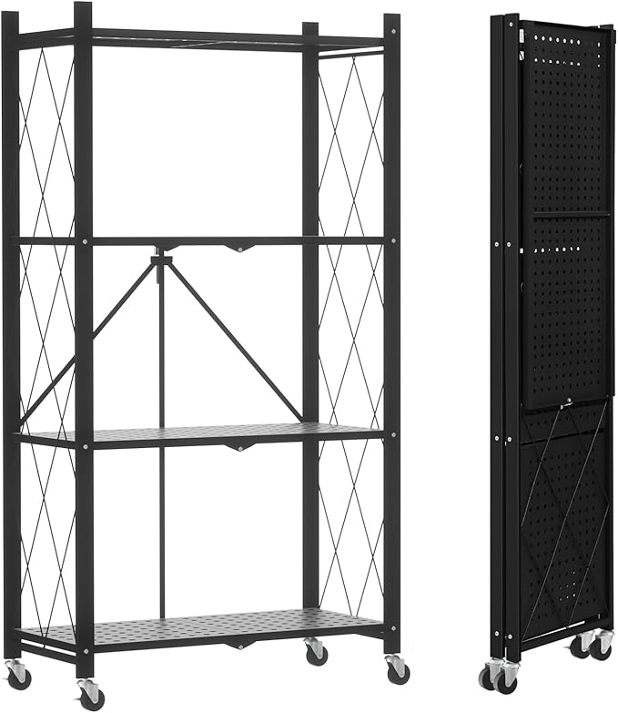 ALANNG 4 Tier Storage Shelves on Wheels, No Assembly Metal Folding Shelf Heavy Duty, Black | Colorful | Rolling | Collapsible | Rack Unit | for Living Room Office | 13.4" D x 28" W x 50" H