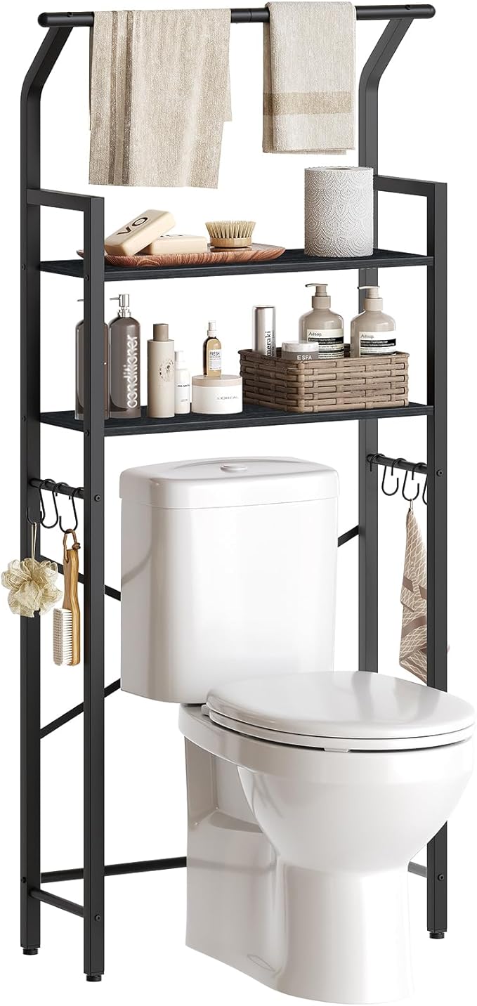 2-Tier Over The Toilet Storage, Multifunctional Vertical Over Toilet Bathroom Organizer, Freestanding Bathroom Storage Shelves with Hooks, Bathroom Organizer, Rustic Brown and Black TR01BB