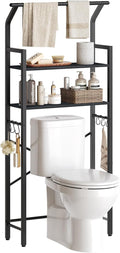 2-Tier Over The Toilet Storage, Multifunctional Vertical Over Toilet Bathroom Organizer, Freestanding Bathroom Storage Shelves with Hooks, Bathroom Organizer, Rustic Brown and Black TR01BB