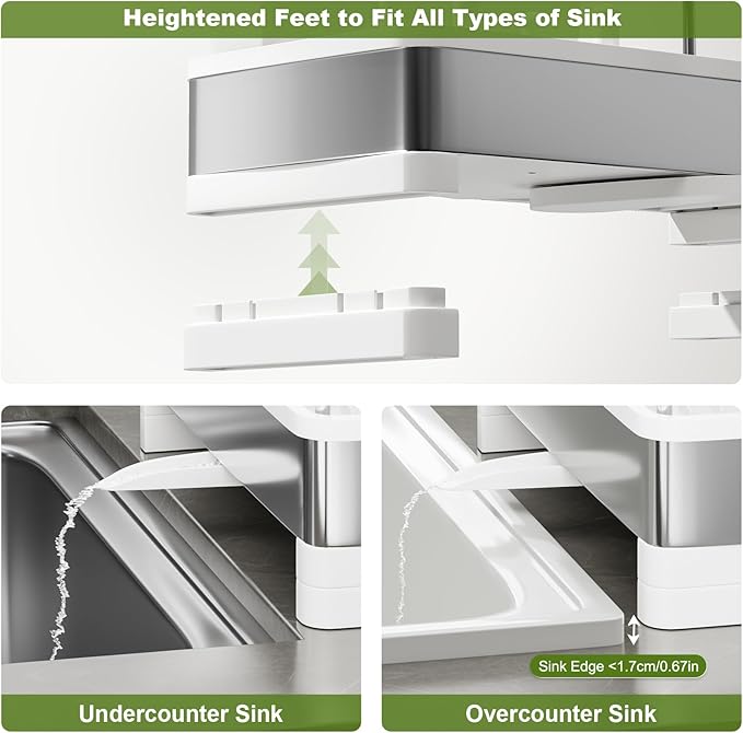 Ewaiira Stainless Steel Sink Caddy, Sponge Holder for Kitchen Sink with Brush Holder & Dishcloth Rack, Rustproof Sink Organizer Countertop, Kitchen Organizers Storage Essentials (E-White)