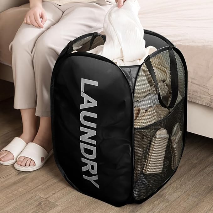 Larpur Pop Up Laundry Baskets, 2 Pack Mesh Laundry Hampers Collapsible Clothes Hampers, Portable Cruise Laundry Hampers for Home, Dorm, Travel (Black + Pink)