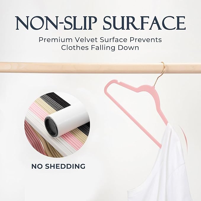 HOUSE DAY Pink Velvet Hangers 120 Pack, Premium Non-Slip Felt Clothes, Sturdy Heavy Duty Coat, Durable Hangers for Suits, Space Saving with No Hanger Mark, 360° Swivel Rotating Rose Gold Hook