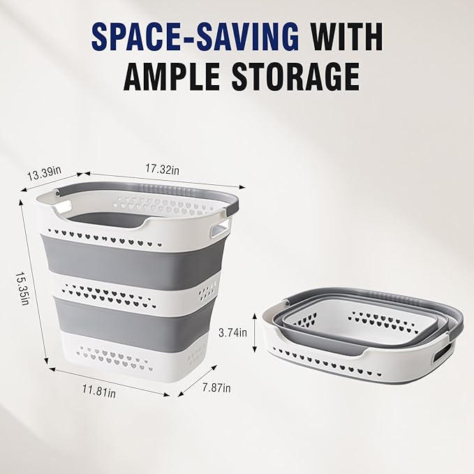 Collapsible Plastic Laundry Basket Hamper with Handles, Large 42L Portable Rubber Clothes Basket, Pop Up Storage Container/Organizer for Washing & Storage, Grey