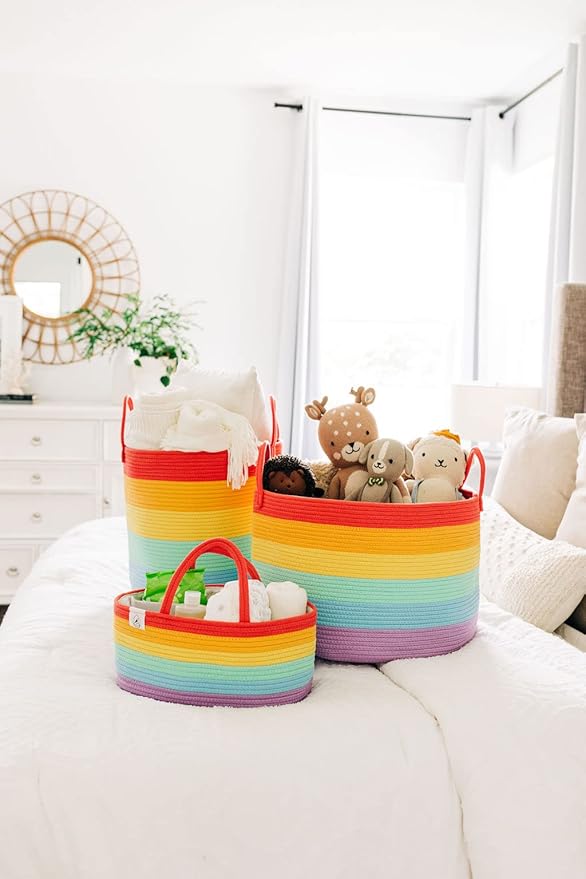 OrganiHaus Large Rainbow Woven Laundry Basket w/Handles 52L, Decorative Toy Storage Bin for Nursery, Colorful Blanket Basket for Playroom, Baby Laundry Hamper, Fun Kids Room Decor Organizer