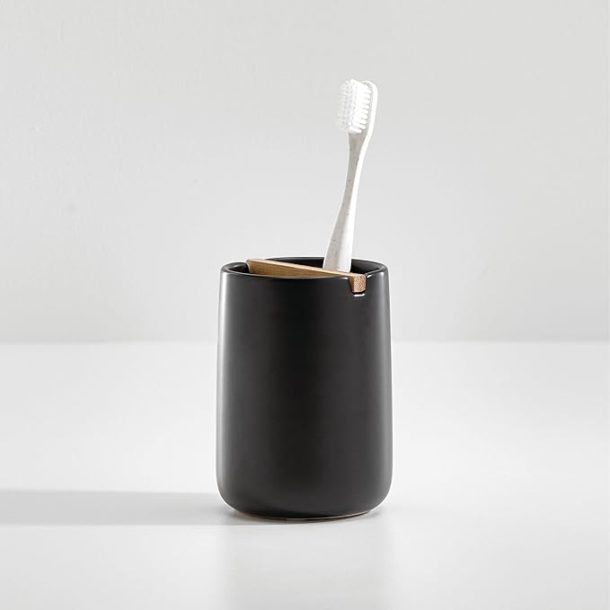 iDesign Toothbrush Holder with Removable Wood Divider for Bathroom Countertops - Matte Black