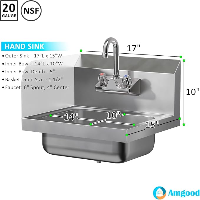 AmGood Stainless Steel Wall Mount Hand Sink with Faucet and Left Sidesplash 17" x 15" | NSF Commercial Hand Washing Basin For Restaurant, Kitchen and Home | Bowl Size: 10" x 14"
