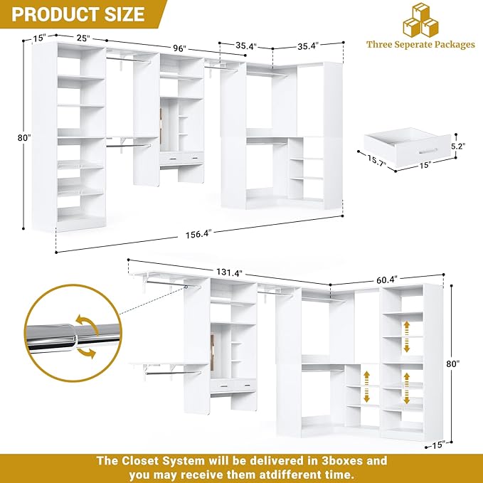 Unikito Closet System with Vanity Desk, 156”Modular Corner Closet Organizer System with Hanging Rods & Adjustable Shelves, Freestanding Wood Wardrobe Organizer, Sturdy Walk in Closet Tower, White