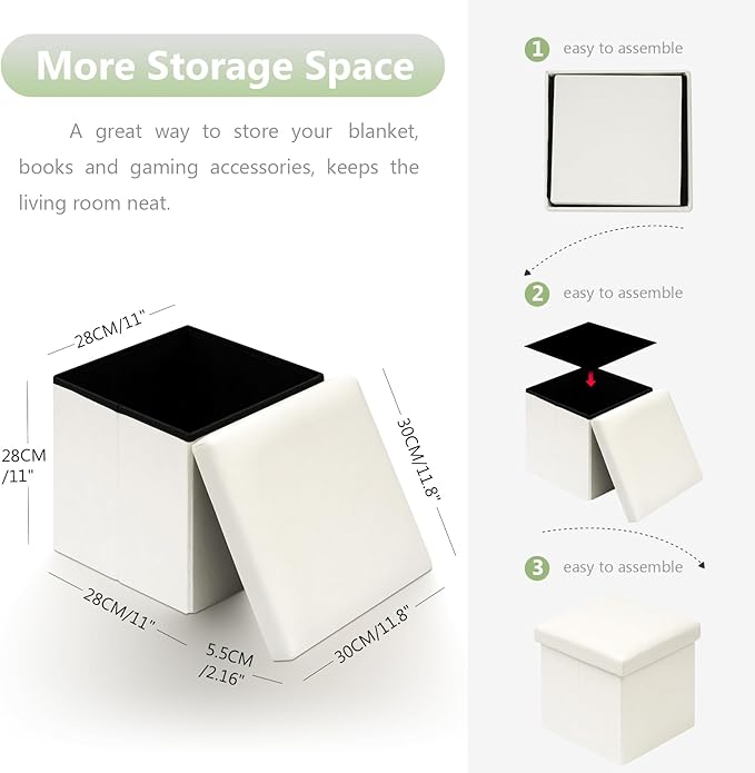 B FSOBEIIALEO Folding Storage Ottoman Cube Faux Leather Ottomans for Living Room, Bedroom, Home Office, Dorm Storage Footrest White 11.8"x11.8"x11.8"