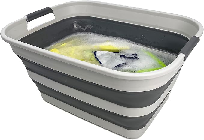 SMMART Collapsible Plastic Laundry Basket with Handle/Foldable Pop Up Storage Hamper/Portable Laundry Organizer-Space Saving Washing Tub/Household Storage Supplies (Grey/Steel Grey, 27L)