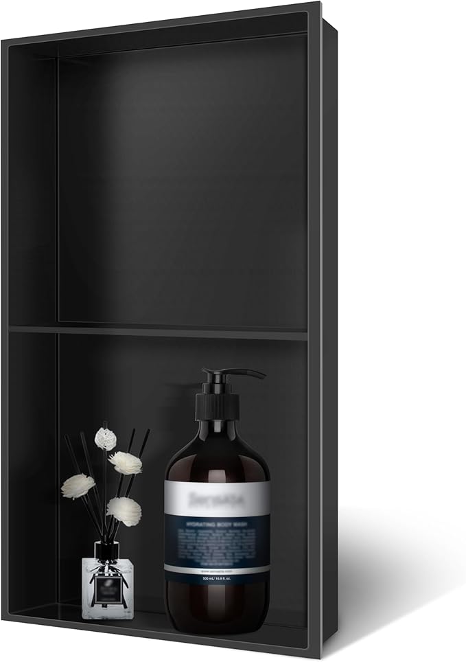 BATHFINESSE 9" x 25" Black Modern Wall Mount Shower Niche with Double Recessed Shelves, No Tile Needed