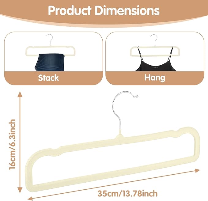 Velvet Pants Hangers Non Slip 20 Pack Beige Velvet Pant Hangers, Plastic Rectangular Slim Velvets Hanger with 10 Hooks for Jean, Bra, Shorts