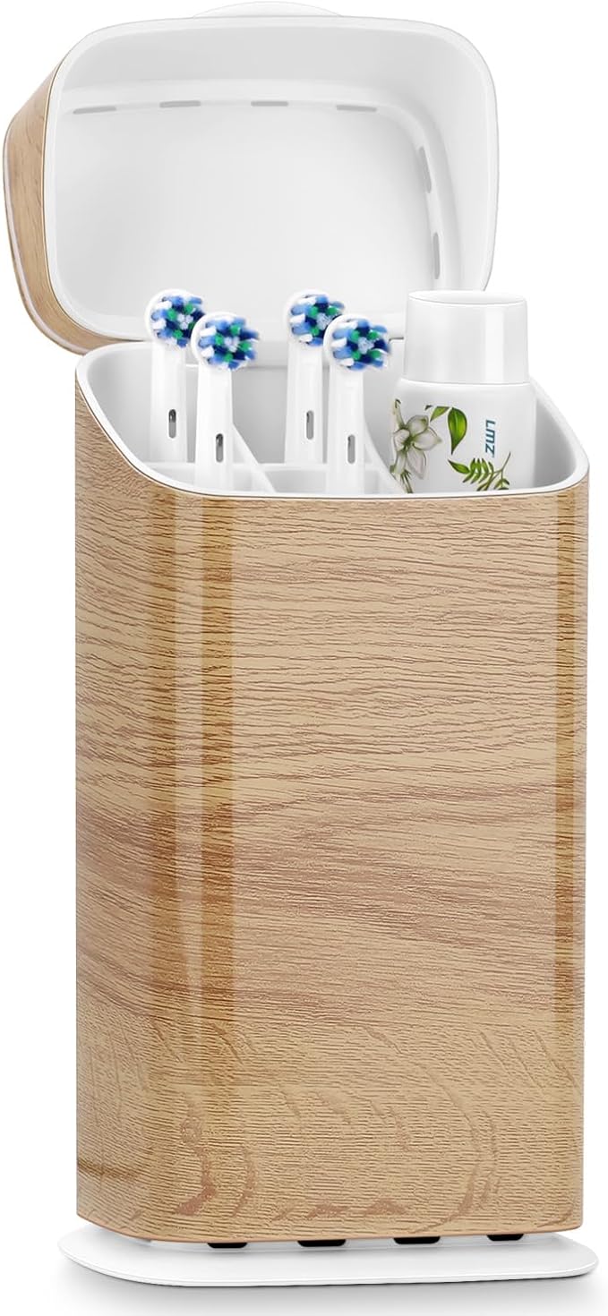 GFWARE Toothbrush Holders with Cover - Electric Toothbrush Length Less Than 9 inches, 5 Slots Tooth Brush Holder for Bathroom, Detachable Toothpaste Holder Bathroom Organizers with Drainage, Wood