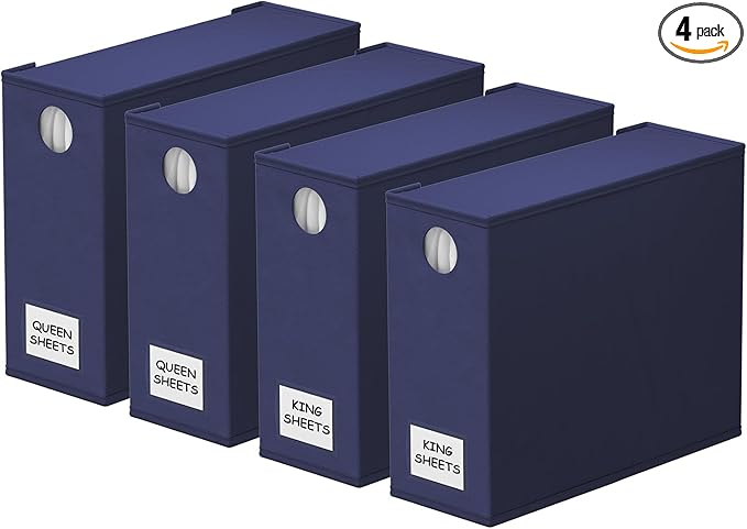 SpaceAid 4 Pack Bed Sheet Organizers and Storage, Foldable Sheet Organizer for Linen Closet, Sheets Set Folder Keeper with Window XL (Queen & King Size) Bedding Container (Navy Blue, 4 Pack)
