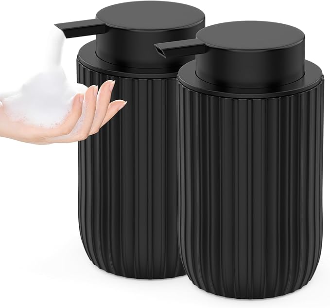 Ceramic Foaming Hand Soap Dispenser 2Pack，12 oz Bathroom Soap Dispensers， Lotion Dispenser for Kitchen, Refillable Matte Streaks Soap Dispenser with Large Pump (Black-2Pack)