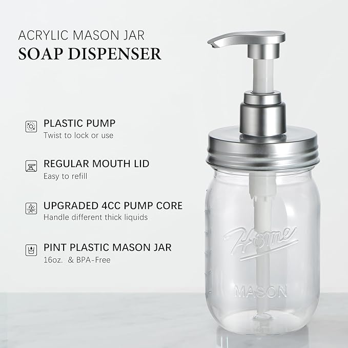 Amolliar Plastic Mason Jar Soap Dispenser with Pump Lid,16OZ Refillable Hand Soap Dispenser Set with Cute Lables - Farmhouse Decor for Kitchen/Bathroom, Liquid Soap, Dish Soap, Lotion (Silver)