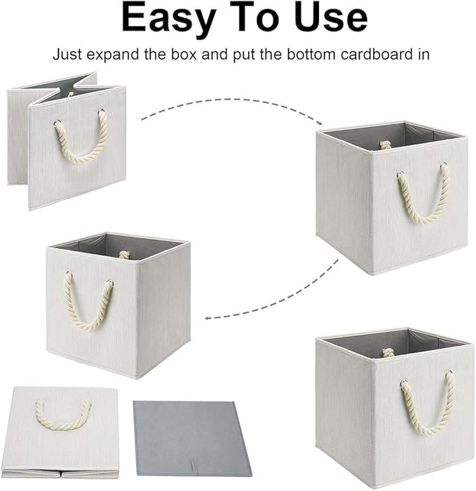 i BKGOO Foldable Storage Cube Bins Beige-White Bamboo Fabric Collapsible Resistant Basket Box Organizer with Cotton Rope Handle for Home Office and Nursery 10.5x10.5x11 inch