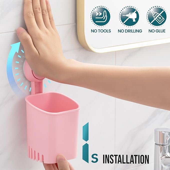 TAILI Suction Toothbrush Holder for Shower Wall, Self-draining Shower Cup for Razor, Toothpaste, Kitchen Tableware. No Nail, No Glue, No Tool! Strong Suction Cup Toothbrush Holders for Bathroom, Pink