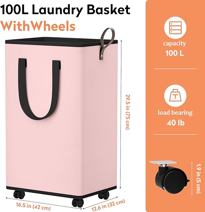 Laundry Basket with Wheels, Collapsible Laundry Baskets, Laundry Hamper with Handles Detachable Wheels, Rolling Laundry Basket, Dirty Clothes Hamper for Bathroom, Dorm, Bedroom, Pink, 100L