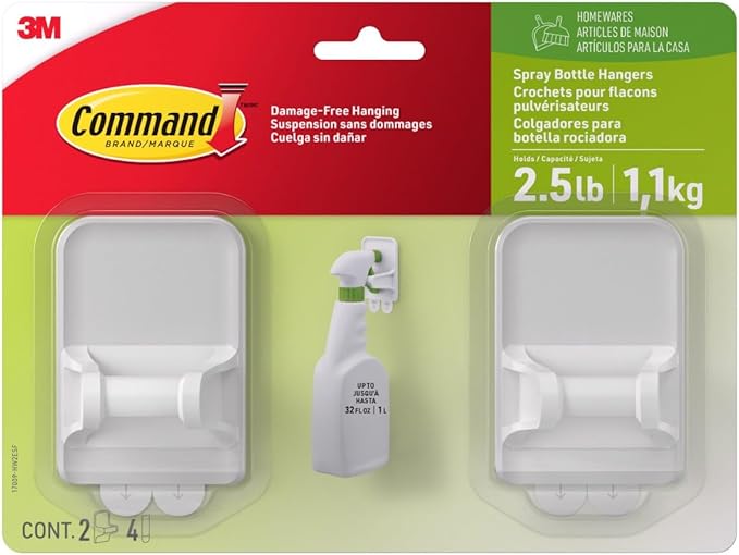 Command Spray Bottle Hangers, Holds up to 32 fl oz, 2 Hangers with 4 Strips, Damage-Free Spray Bottle Holder Wall Mount to Cabinet, Kitchen, or Under Sink