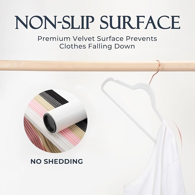 HOUSE DAY White Velvet Hangers 60 Pack, Premium Non-Slip Felt Clothes, Sturdy Heavy Duty Coat, Durable Hangers for Suits, Space Saving with No Hanger Mark, 360° Swivel Rotating Rose Gold Hook