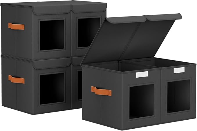 Large Closet Storage Bins - Collapsible Divided Clothes Organizer with Lids & Dual Window, Fabric Organizing Bins for Clothes, Sweater, Bedroom, Office (Black, 3 Pack)