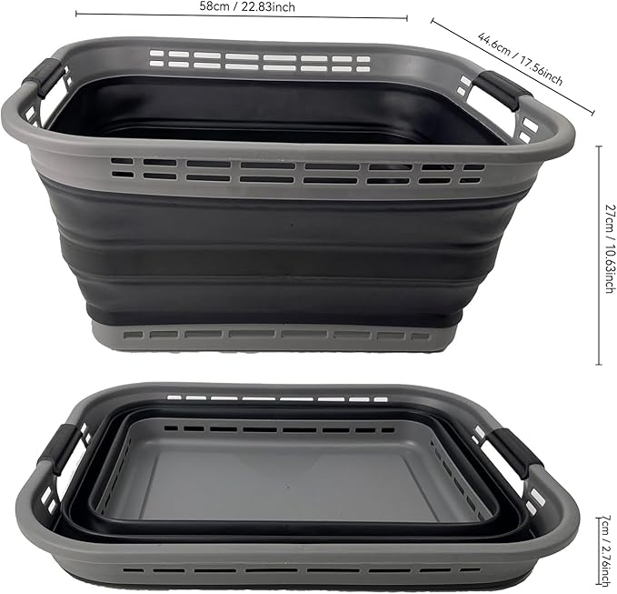 SAMMART 42L (11 Gallons) Collapsible Plastic Laundry Basket - Foldable Pop Up Storage Container/Organizer - Portable Washing Tub - Space Saving Hamper/Basket [BPA Free] (Grey/Black (Set of 2))