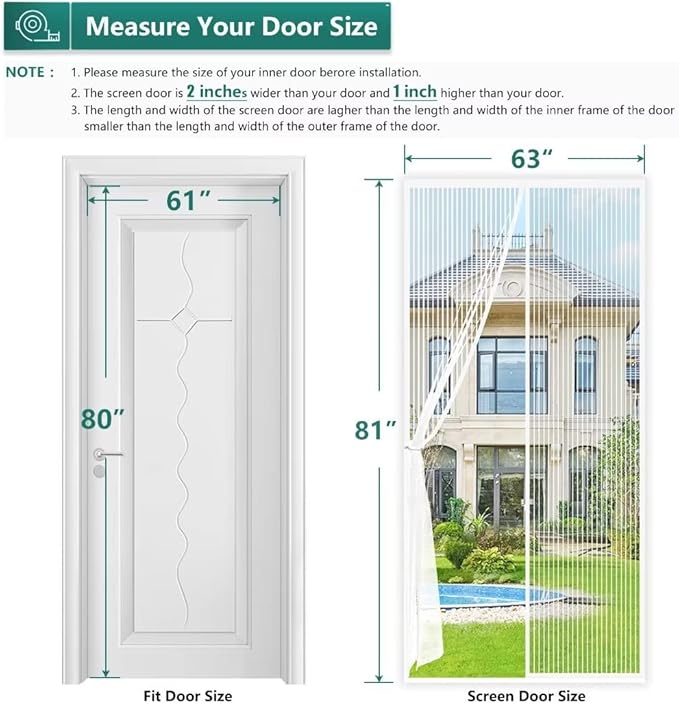 Magnetic Screen Door Fit Door Size 61×80 inch, Screen Itself Size:63"x81", Hands Free Self Sealing, Full Frame Magic Tape Mesh Screen Door with Magnets Heavy-Duty Mesh Curtain for Entry Door-White