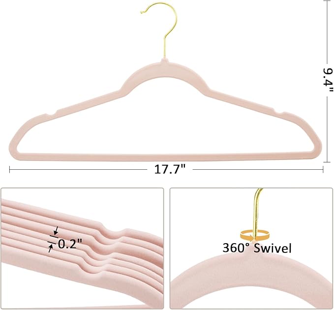 Velvet Hangers 60 Pack Heavy Duty - Slim, Non-Slip, Space Saving Hangers with 360° Swivel Gold Hook for Suit, Pants, Coats, Shirts & More - Pink