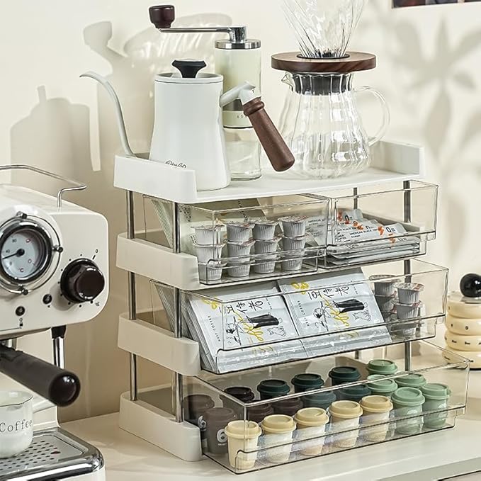 Modular Drawer Organizer, Stackable 4 Trays Come with 5 Drawers box for Tea Bags, Coffee Pods, Spices, Makeup, Office Supplies, Snacks, 12.7x6.7x12.2 inches Countertop Drawer Organizer