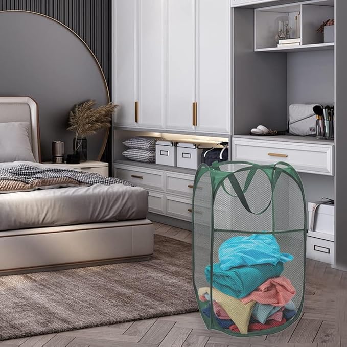 Pop Up Laundry Basket, Collapsible Mesh Laundry Hamper, Vertical Popup Hamper for Laundry, Spacing Saving Storage Basket for Bedroom, Hotel, Cruise, Green