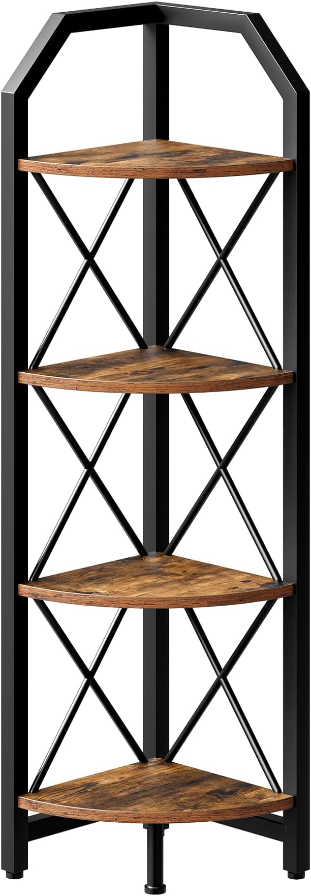 4-Tier Rustic Brown and Black Corner Shelf, 4-Shelf Industrial Corner Bookshelf, Space-Saving Corner Storage Stand, Plant Stand Display Shelf, Bedroom, Living Room, Home Office