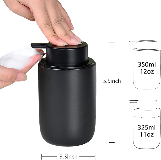BosilunLife Foaming Soap Dispenser Set - Black Ceramic Foam Hand Dispenser 12oz Soap Dispenser Set with Rust Proof Pump, 4Pcs Clear Stickers for Kitchen, Bathroom - 2 Pack