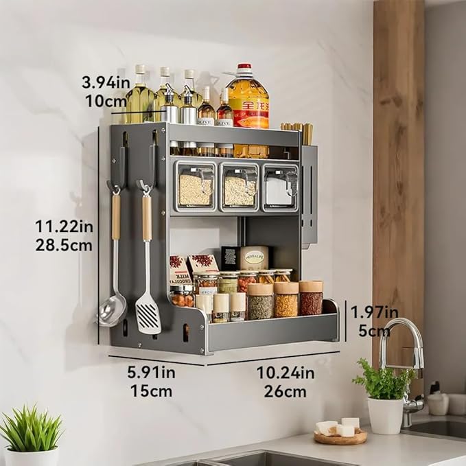 Kitchen Seasoning Shelf Spice Rack Wall Mount with Hooks and Utensil Holder Hanging Seasoning Box Shelf Seasoning Jar Organizer for Sugar Salt Pepper Oil Bottle (3 Boxes)