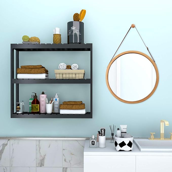 Domax Bamboo Bathroom Shelf 3-Tier Wall Mount Storage Rack Multifunctional Adjustable Layer Free Standing Over Toilet Utility Shelves Living Room Kitchen (Black)
