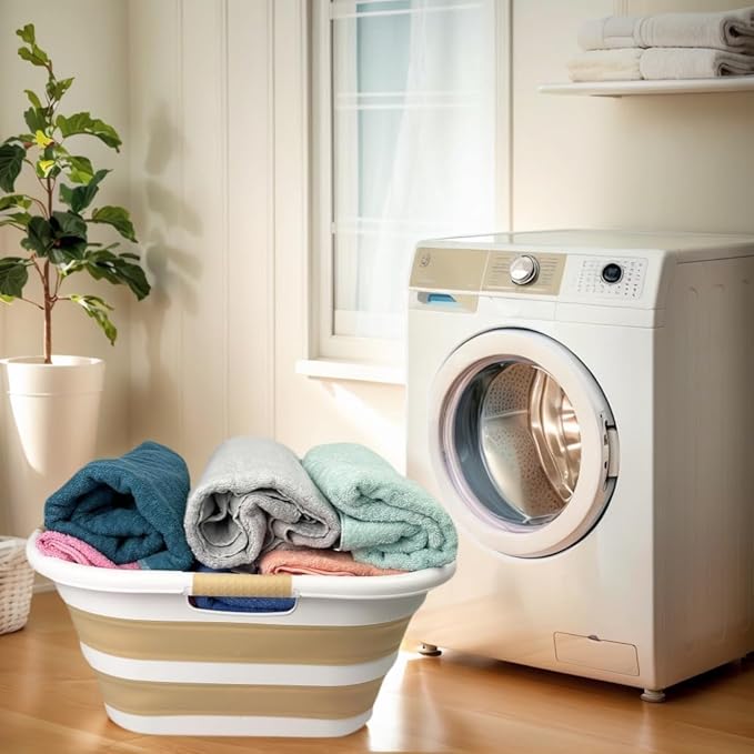 SAMMART 40L (10.5 gallon) Plastic Foldable Laundry Basket/Tub - Collapsible, Space Saving and Portable Laundry Hamper, Ideal for Home, Travel, Dorm, and Camping (1, White/Beige)