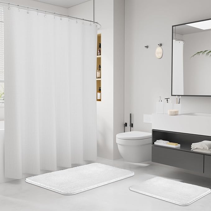 White Bathroom Set, White Bathroom Accessories Sets with Shower Curtain and No-Slip Bath Rugs, Natural Loofah Sponge, Soap Dispenser, Toothbrush Holder, Toothbrush Cup and Tray for Bathroom