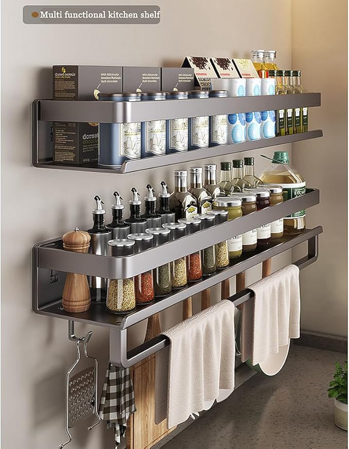 Wall mount Carbon steel Kitchen utensils seasoning spice storage rack, oil salt, sauce vinegar condiment storage rack, Bathroom toiletries organizer with mobile hooks (1 Pack (with bar and hooks))