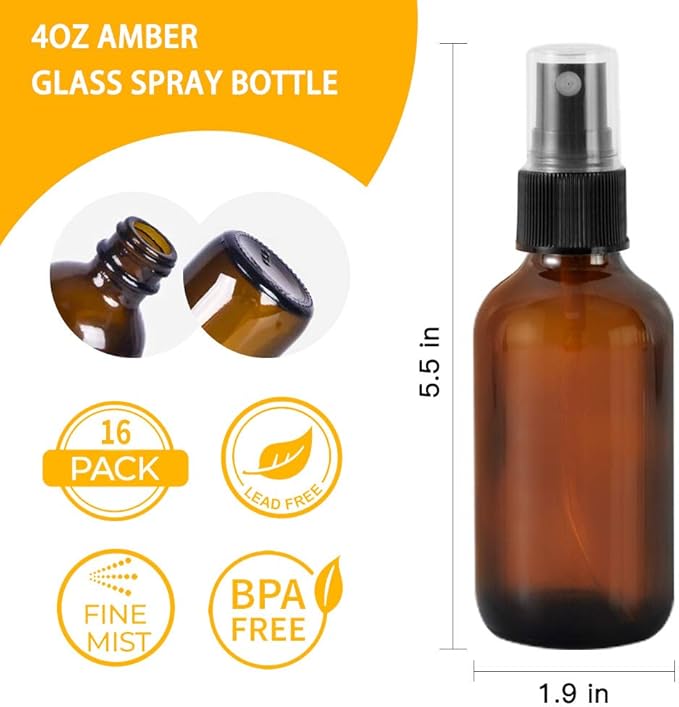 STARSIDE 16 Pack 4 oz Amber Glass Spray Bottles with Fine Mist Sprayer & Dust Cap for Essential Oils, Perfumes,Cleaning Products, 120 ml Fine Mist Glass Spray Bottle