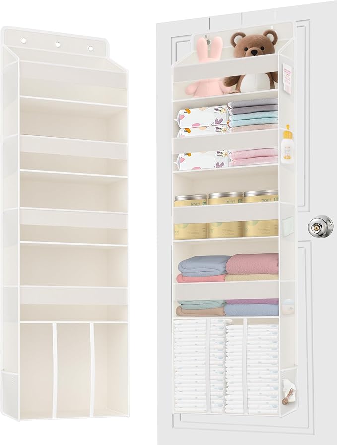 5-Tier Over The Door Organizer with 10 Mesh Pockets | Large Capacity Hanging Closet Storage for Baby Diapers, Toys, Nursery& Newborn Essentials (Beige)