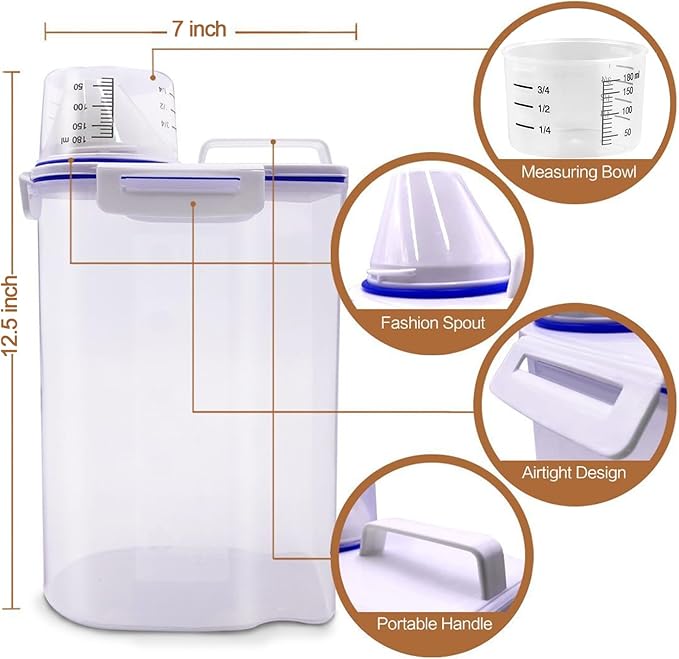 Dog Food Storage Container Small, Cat Food Storage Container Airtight Plastic Dispenser with Graduated Measuring Cup, Pourable Spout and Portable Collapsible Dog Bowl for Pet Food, Birds Seed