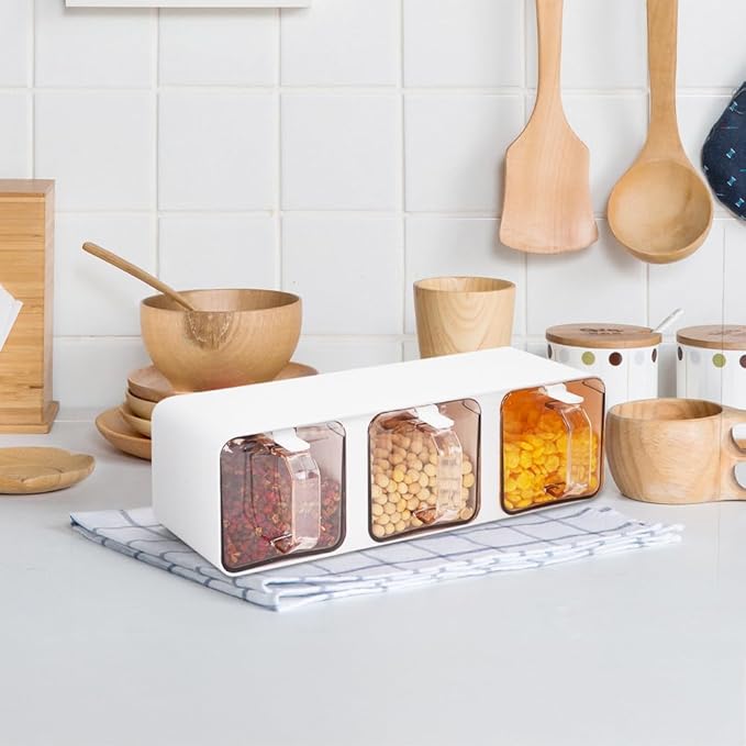 JIABEIUS 3-Grids Seasoning Box, Wall Mounted Salt Container with Spoon, Hanging Spice Drawer Organizer, Kitchen Condiment Jar with Label and Rack for Salt, Sugar, Pepper（White）