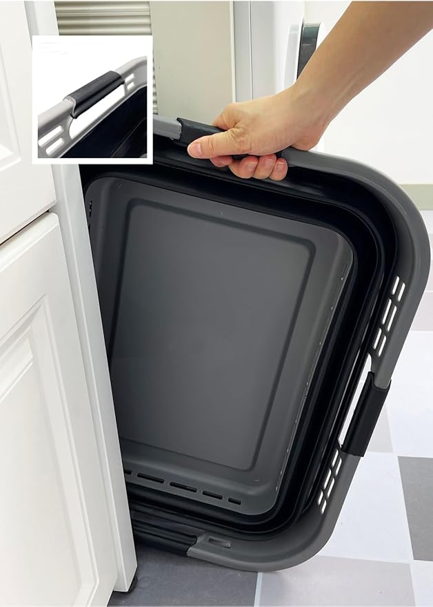 SAMMART Set of 2 Collapsible Plastic Storage Basket - Foldable Pop Up Storage Container - Portable Laundry Organizer - Space Saving Hamper (Grey/Black, 42L (Style A))