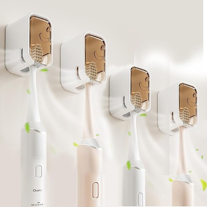 4 Pack Toothbrush Holders for Bathroom, Self Adhesive Wall Mounted Toothbrush Holder with Cover, Single Toothbrush Dispenser Storage Organizer for Family, Travel, Waterproof and Dustproof (Brown)