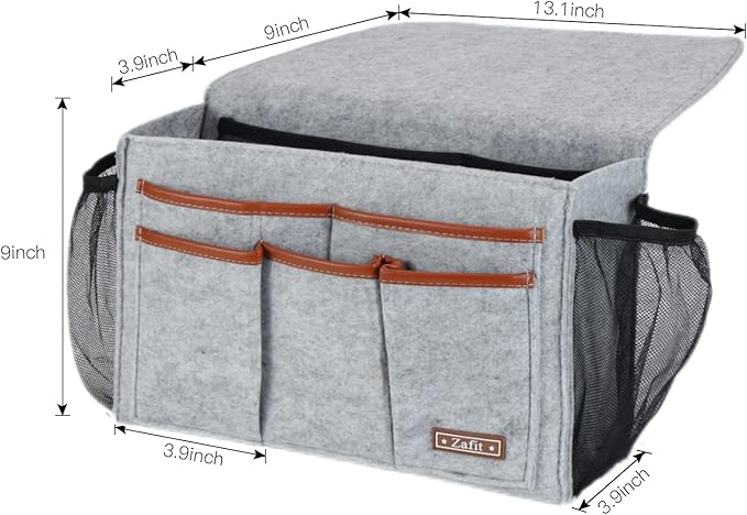 Zafit Bedside Caddy, Large Size Bedside Storage Organizer Bedside Organizer Caddy for Magazine Remotes Phone (13.4'' x 18.1'' Plus Size, Light Grey)