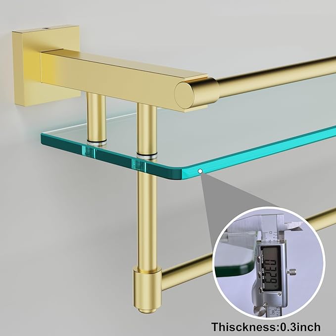 SFGSOWOR Bathroom Glass Shelf with Towel Rack Organizer Wall-Mounted Bathroom Storage SUS304 Stainless Steel Track Wall-Mounted Tempered Glass Stainless Steel Shelf (Brushed Gold, 20-inch)